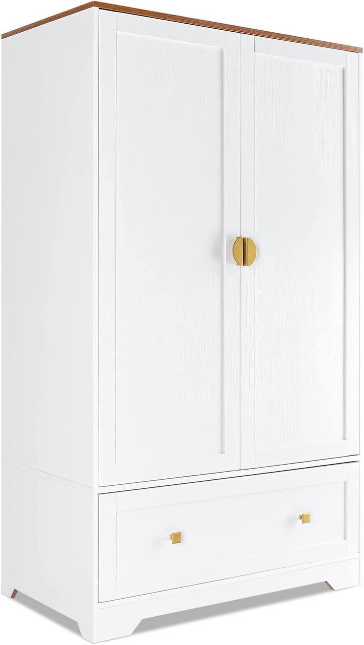 VINGLI Wide White Armoire Wardrobe Closet with Hanging Rod， Shelves and Drawer， Freestanding Closet Wardrobe Cabinet for Hanging Clothes， Armoires and Wardrobes with Doors for Bedroom， Kids&#39; Room 