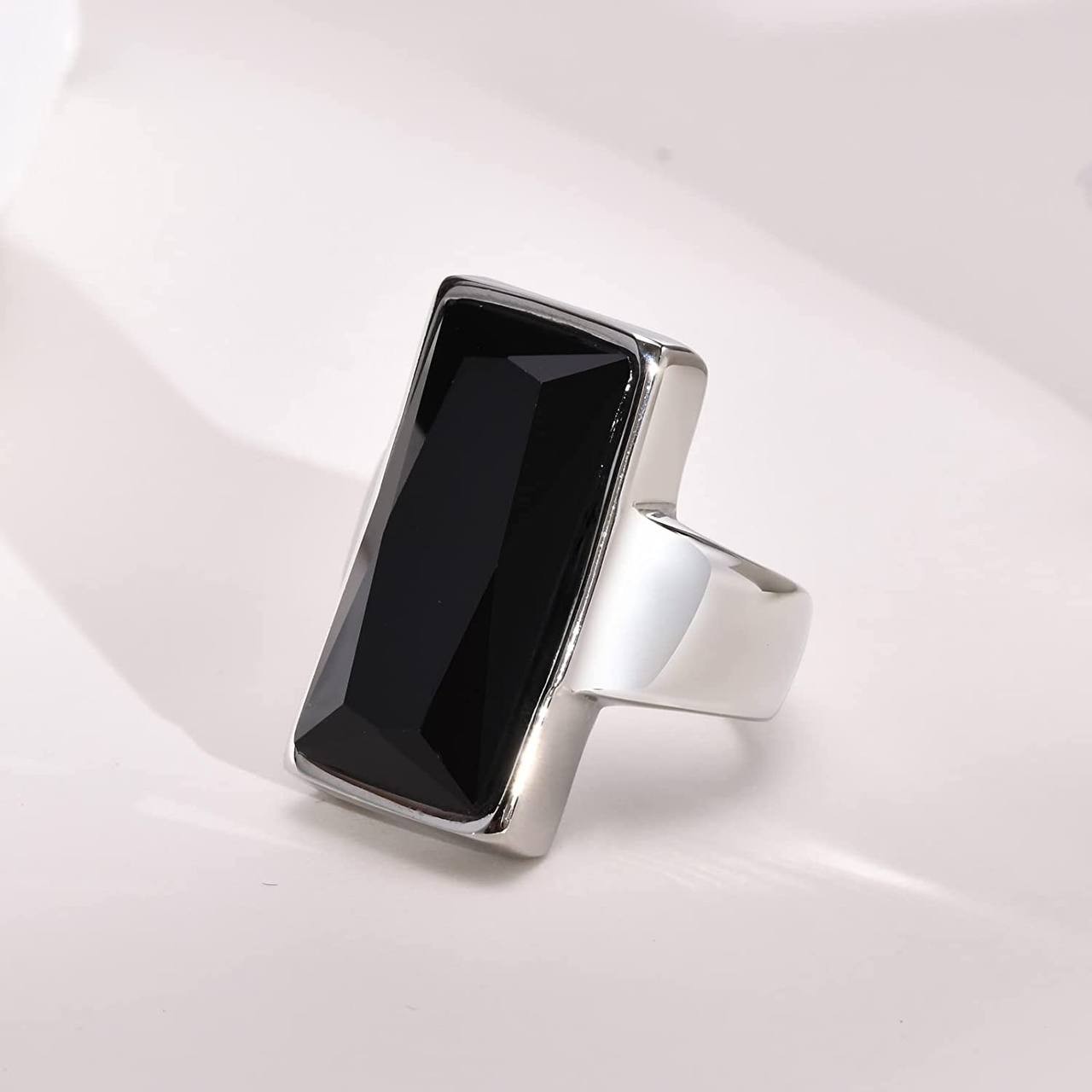 VNOX Stainless Steel Gold Plated Rectangular Black Glass Crystal Ring for Women