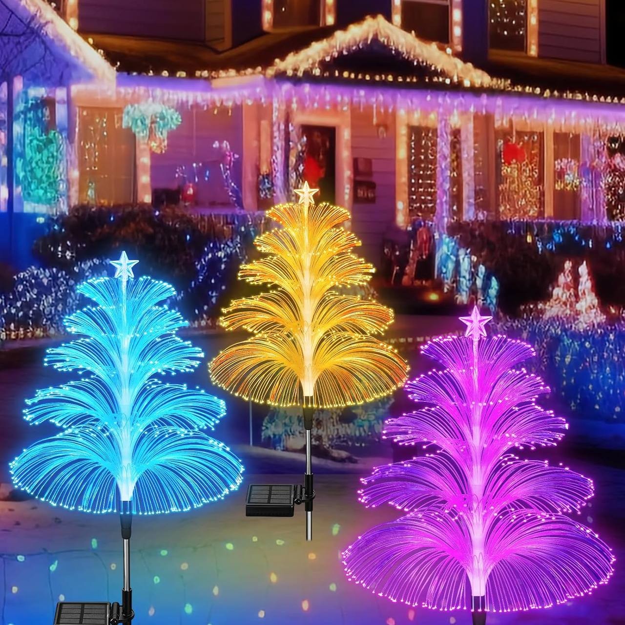 Ctarsthome Solar Christmas Decorations Trees Lights Outdoor Waterproof Solar Christmas Tree Jellyfish Lights 5 Layer Optical Fiber 7 Color Changing for Pathway Lawn Patio Outside Decorative, 3PCS