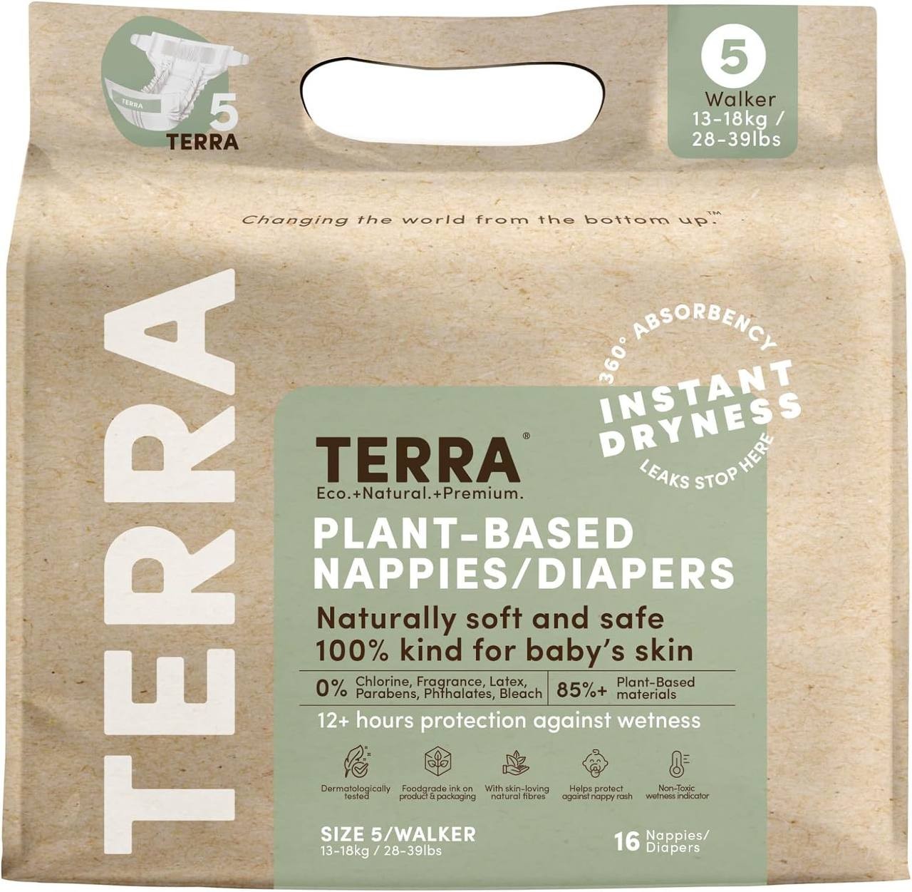 Terra Size 5 Diapers: 85% Plant-Based Diapers, Ultra-Soft & Chemical-Free for Sensitive Skin, Superior Absorbency for Day or Nighttime Diapers, Designed for Toddlers 28-39 Pounds, 16 Count