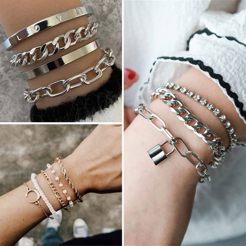 IFKM 36 PCS Silver Plated Jewelry Set with 3 PCS Necklace， 12 PCS Bracelet， 7 PCS Ear Cuffs Earring， 14 Pcs Knuckle Rings for Women Girls Valentine Anniversary Birthday Friendship Gift