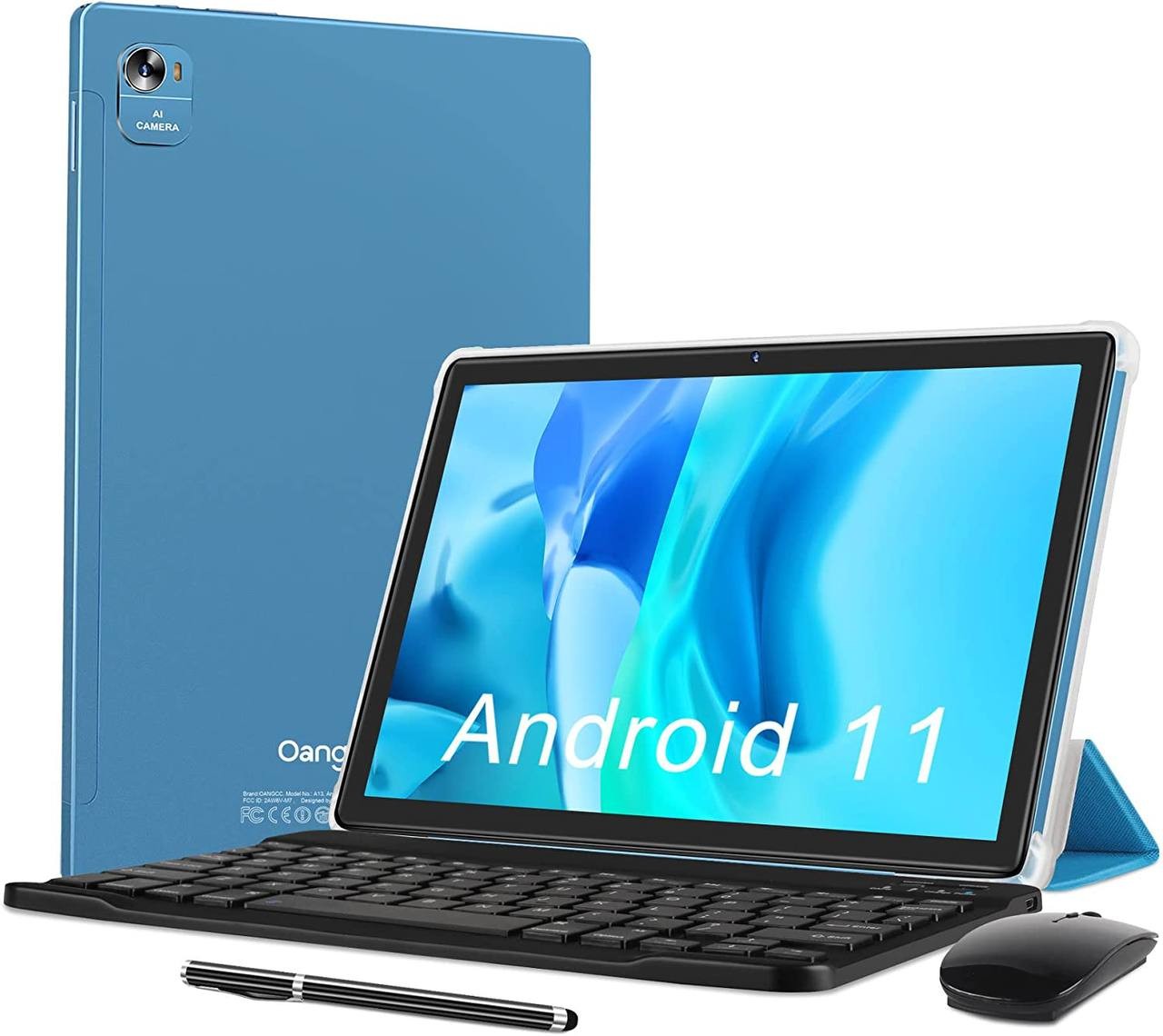 Oangcc 10.1" Android 11 Tablet, 2 in 1 Tablet 4GB RAM 64GB ROM (Up to 128G) Dual Camera Computer Tablet PC with Bluetooth Keyboard | Wireless Mouse | Stylus | Case | and More - Black