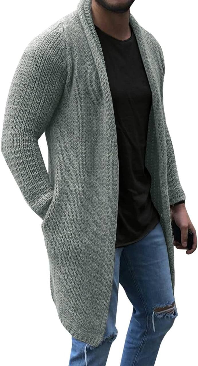 Runcati Mens Cardigan Sweater Shawl Collar Chunky Warm Open Front Long Sleeve Knit Slim Fit Sweaters with Pockets