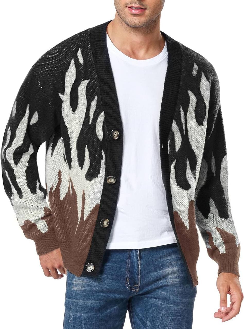 ZAFUL Men's Flame Graphic Cardigan Sweater Knitted Long Sleeve Button Down Cardigans Lightweight Open Front V Neck Sweaters