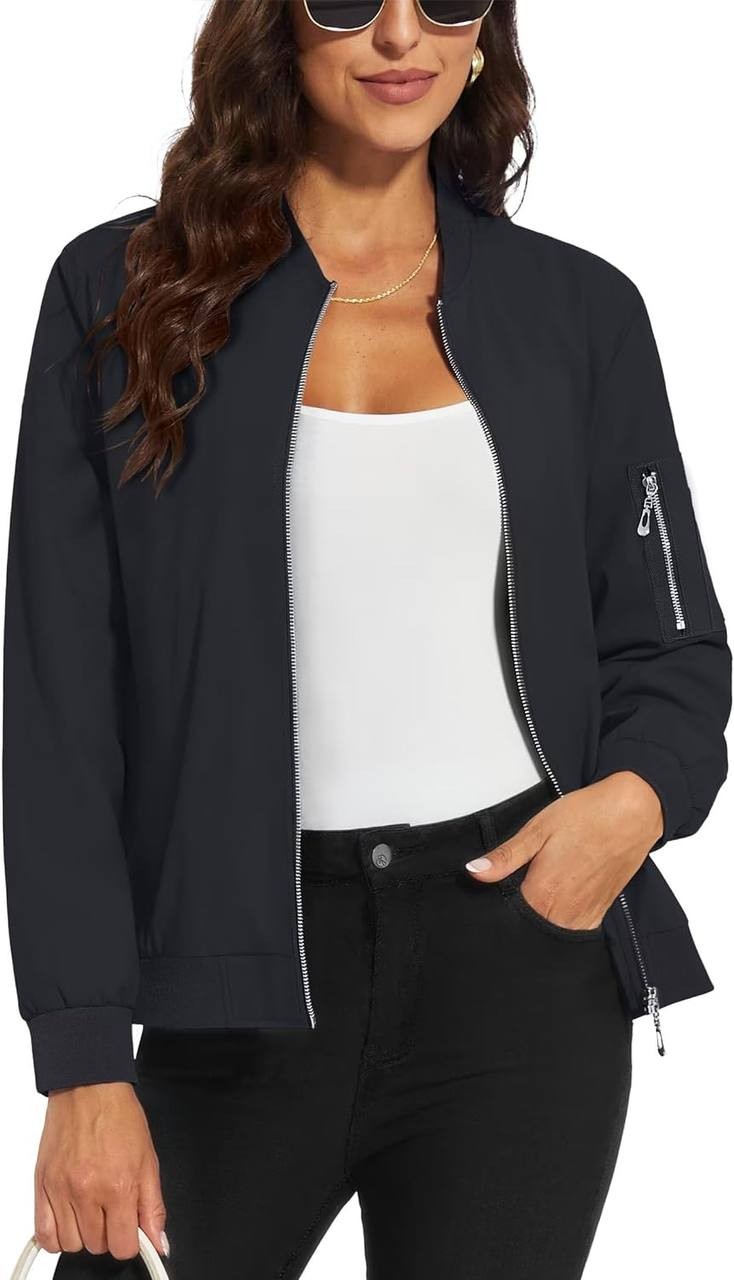 MAGCOMSEN Women's Bomber Jackets Casual Mutiple Pockets Windbreaker Zip-up Coat Fall Fashion Outwear