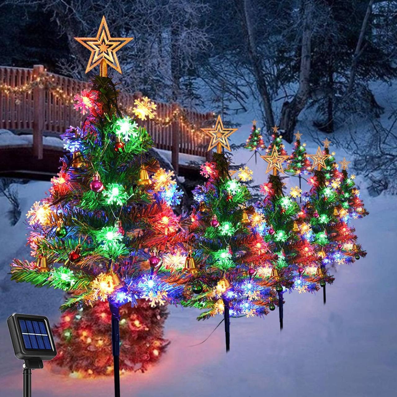 Upgraded 4 Pack Solar Christmas Tree Outdoor Christmas Decorations Lights, Solar Garden Decor Stake Lights Xmas Tree with 8 Mode Colorful LED Snowflake Lights for Christmas Yard House Patio Decor