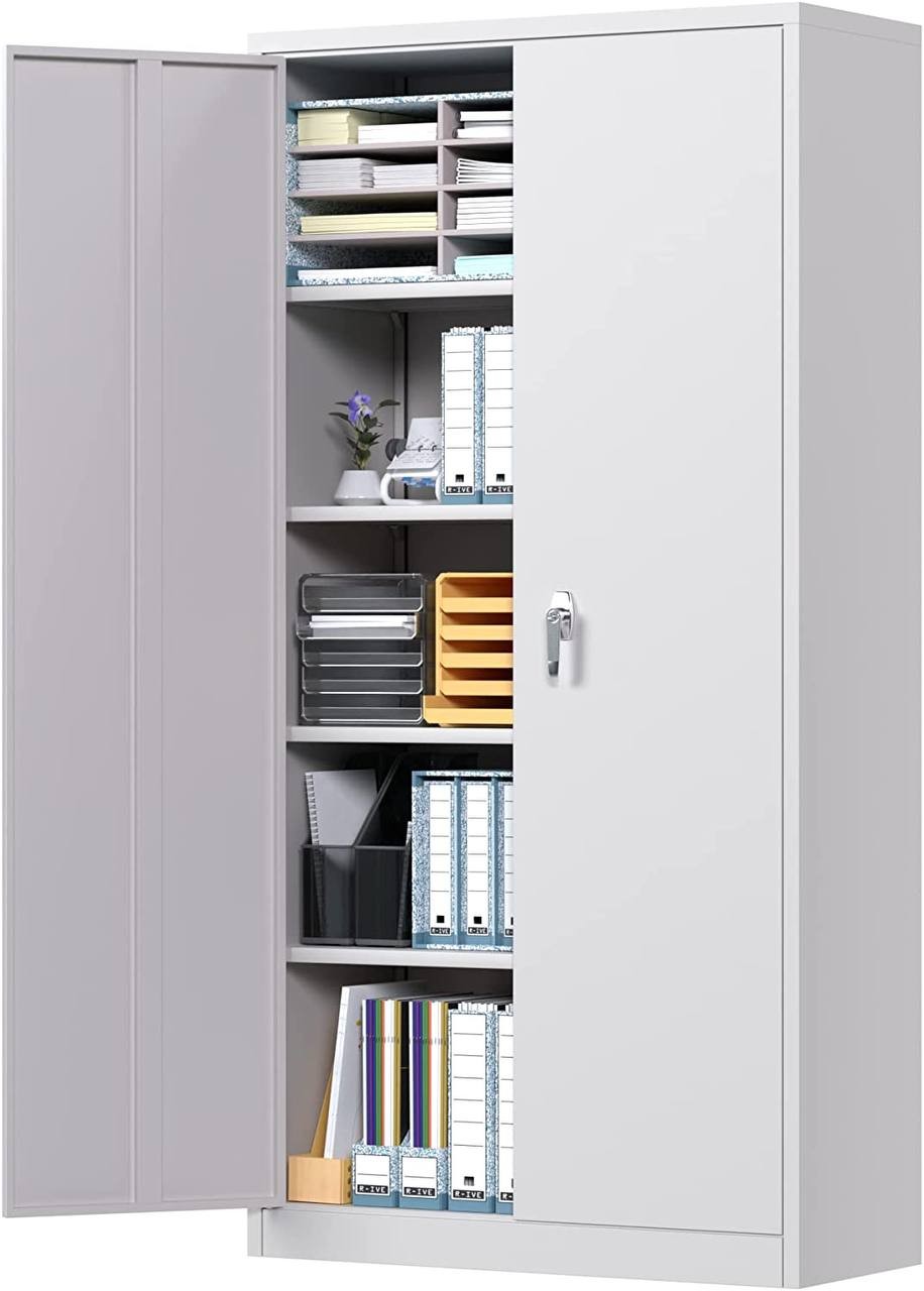 2 Doors Rolling Adjustable Shelves Metal Storage Cabinet Black/Grey for Garage Utility Room