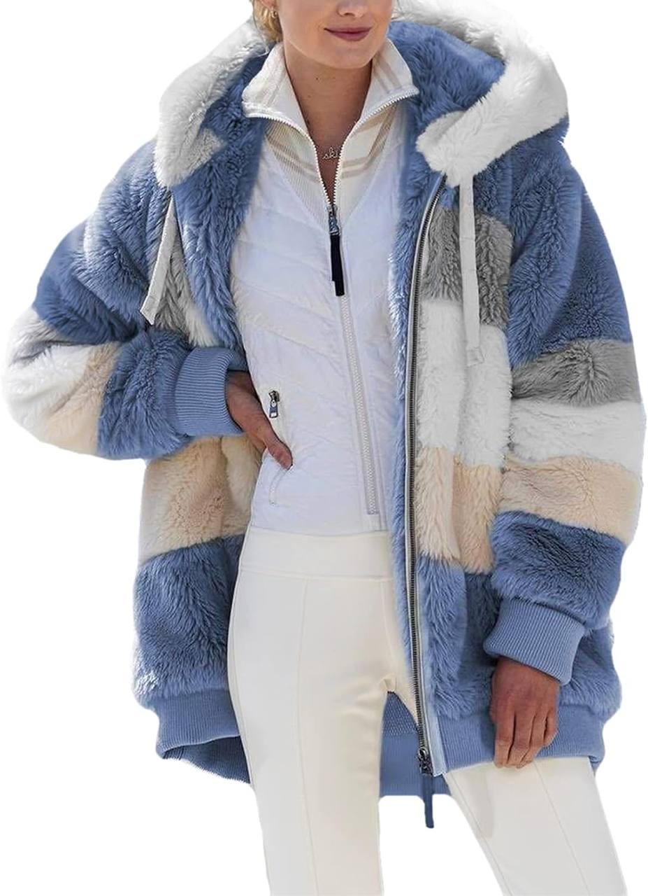Dokotoo Womens 2023 Winter Fuzzy Fleece Jacket Hooded Color Block Patchwork Cardigan Coats Outerwear with Pockets