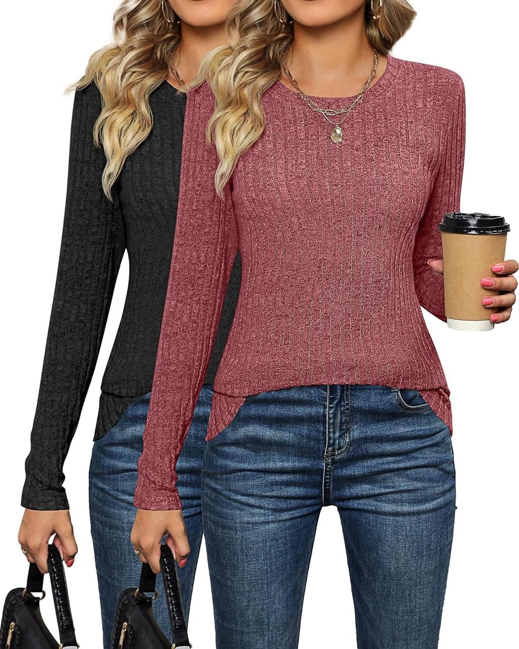 Ficerd 2 Pack Women's Lightweight Sweaters, Crew Neck Long Sleeve Pullover Sweaters Cable Knit Casual Fall Fitted Sweater Top