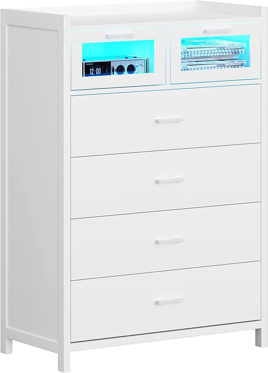 VIAGDO Dresser for Bedroom, Chest of Drawers with LED Lights, White Tall Dresser with 6 Drawers, Wood Large Capacity Storage Cabinet for Nursery, Kids Room, Entryway