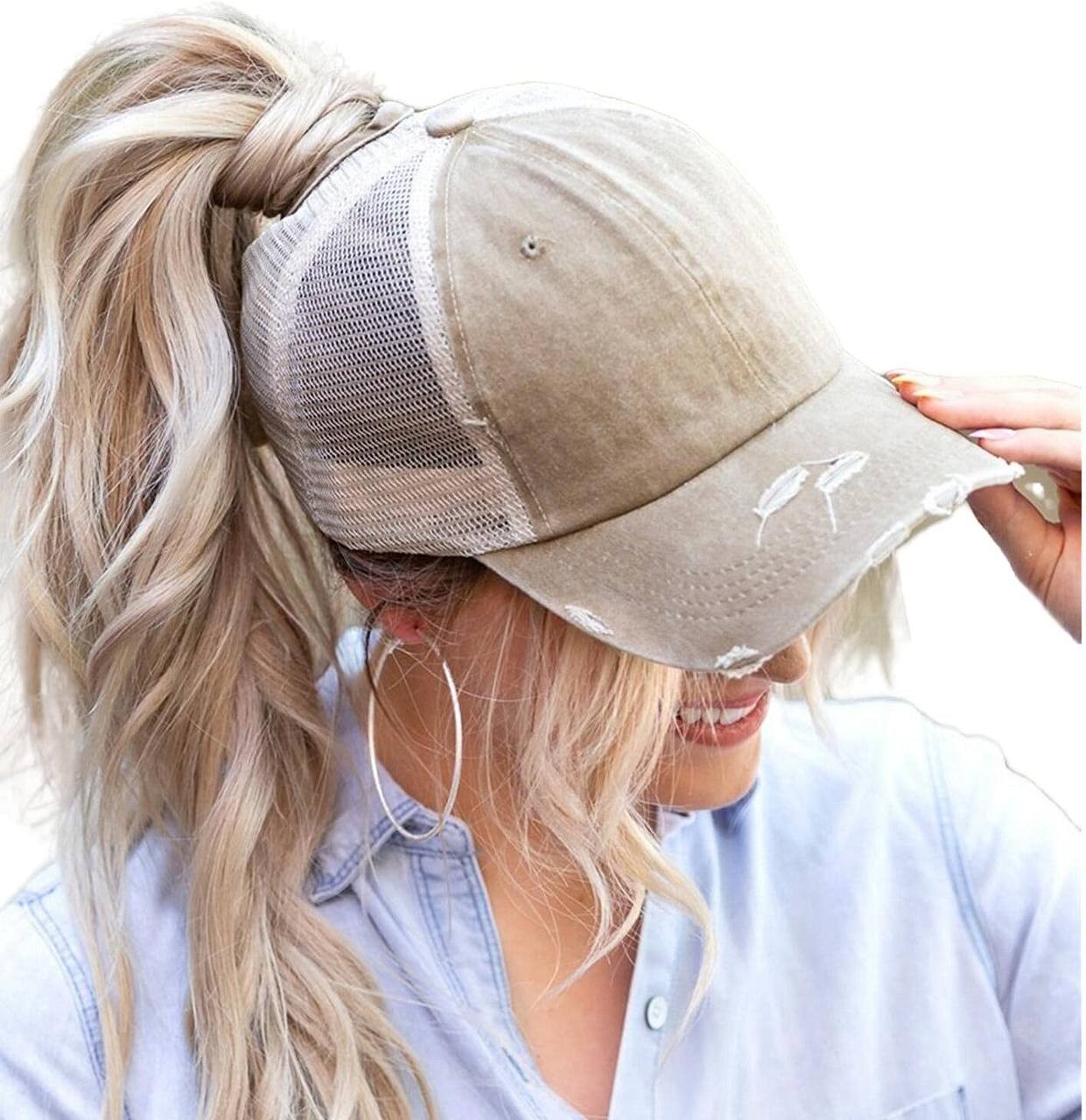 ProMindFun Womens Ponytail High Messy Bun Hats Distressed Baseball Caps Unconstructed Washed Dad Hat Girls Trucker Ponycaps