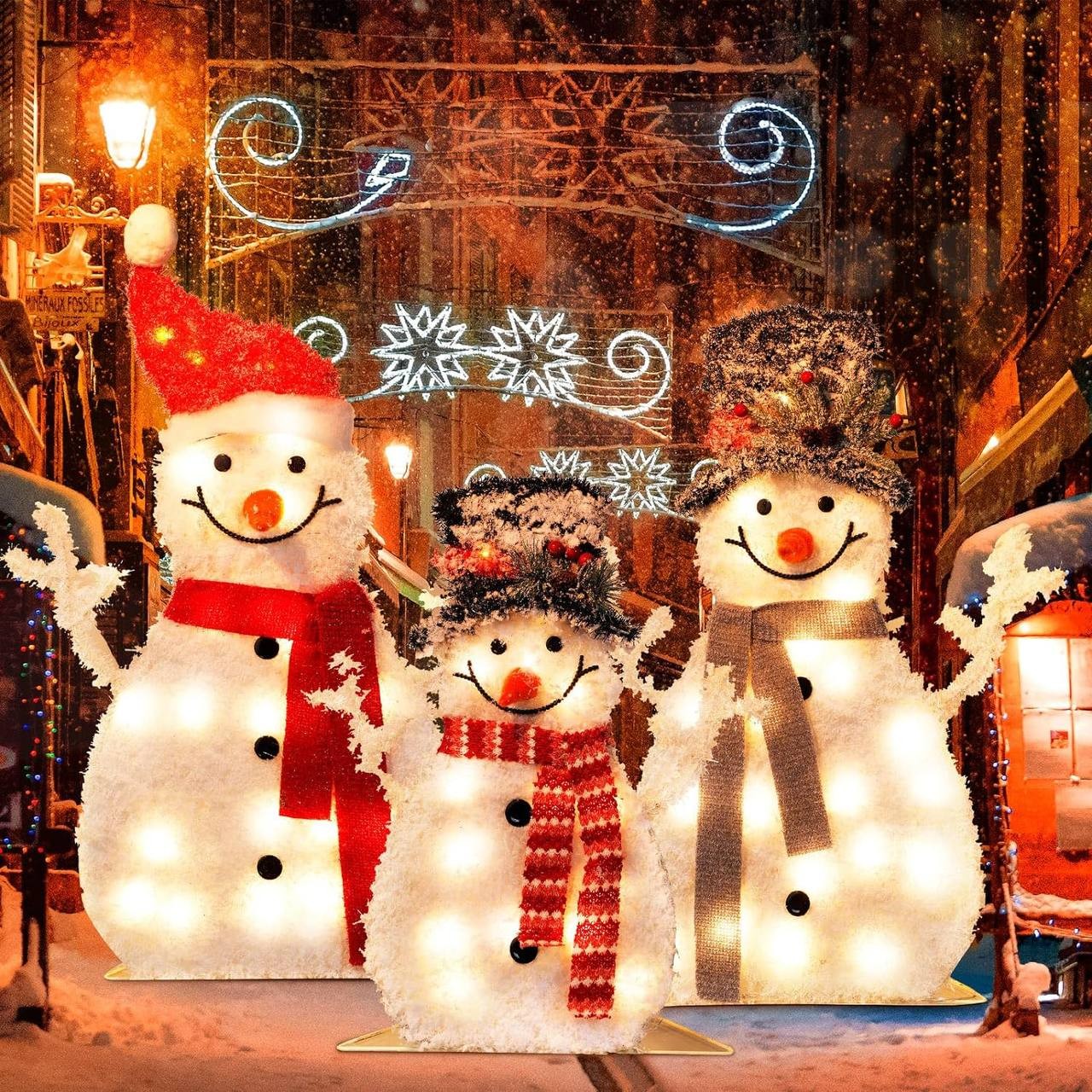 3 Pieces Christmas Snowman Outdoor Decorations Pre Lit Snowman Family Yard Decorations with 65 Led Warm White Lights for Xmas Indoor Outdoor Garden Yard Lawn Festive Holiday Decorations, 30/30/20 Inch