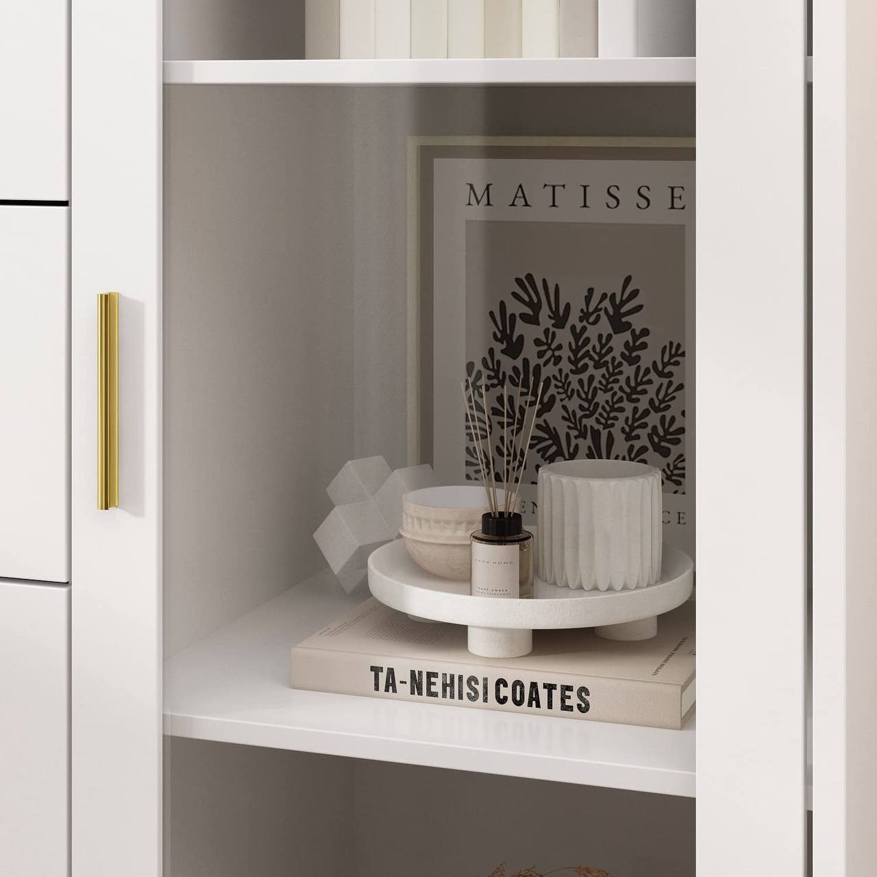 Homsee Storage Cabinet with 5 Drawers， Shelves &amp; Glass Door， Sideboard Buffet Cabinet with Metal Legs， Modern Wood Display Cabinet for Living Room， Bedroom &amp; Hallway， White (31.5”W x 15.7”D x 