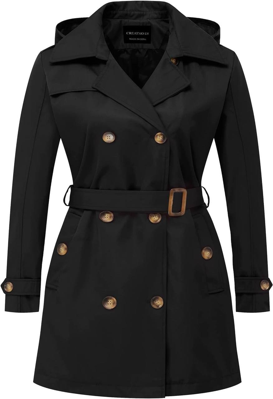 CREATMO US Women's Plus Size Trench Coat Double-Breasted Classic Lapel Overcoat Belted Outerwear Coat with Detachable Hood