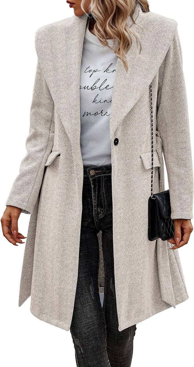 ECOWISH Women Coat Long Jacket: Winter Fashion Long Sleeve Lapel Casual Overcoat With Belt