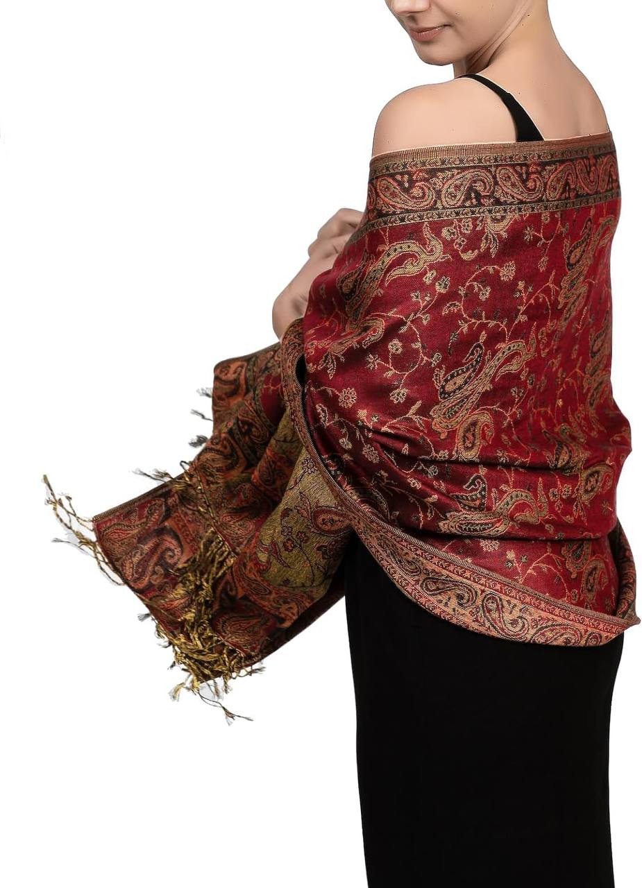 Achillea Soft Silky Reversible Paisley Pashmina Shawl Wrap Scarf w/Fringes