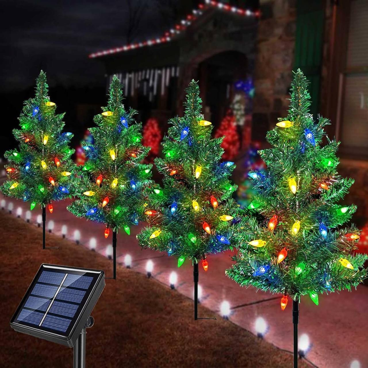 Windpnn Upgraded 4-Pack Solar Christmas Garden Stake Lights, Decorative Xmas Tree Solar Christmas Yard Stake Outdoor Waterproof Christmas Pathway Lights for Christmas Decoration Garden Patio Yard