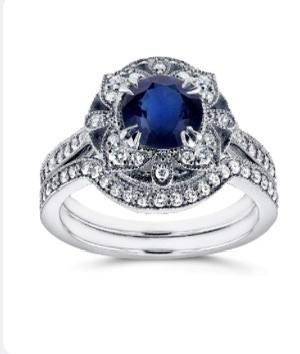 Kobelli Antique Style Floral Round Sapphire and Diamond Bridal Set 1 3/4 CTW in