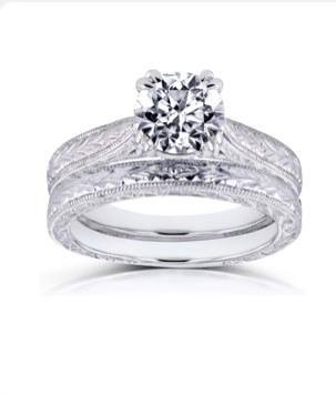 Kobelli Diamond Antique Style Engravings Bridal Set 1 CTW in 14k White Gold