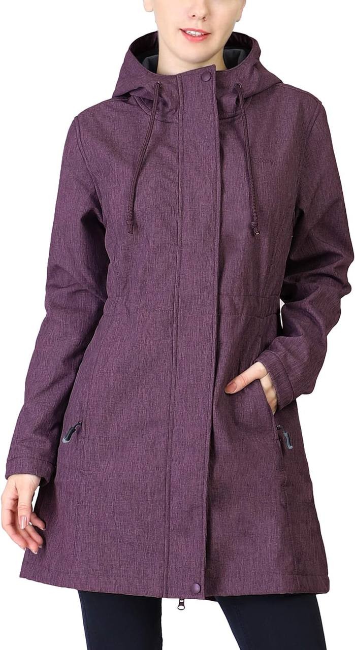 33,000ft Women's Softshell Long Jacket with Hood Fleece Lined Windproof Warm up Waterproof Windbreaker