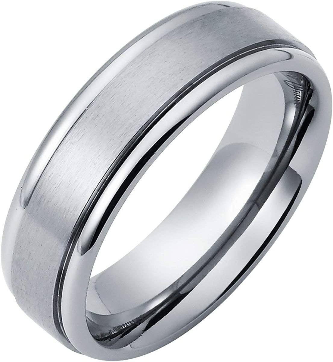 Titanium Dual-Finish Brushed Satin Matte 7mm Ring with Rounded High-Polish Border Edges