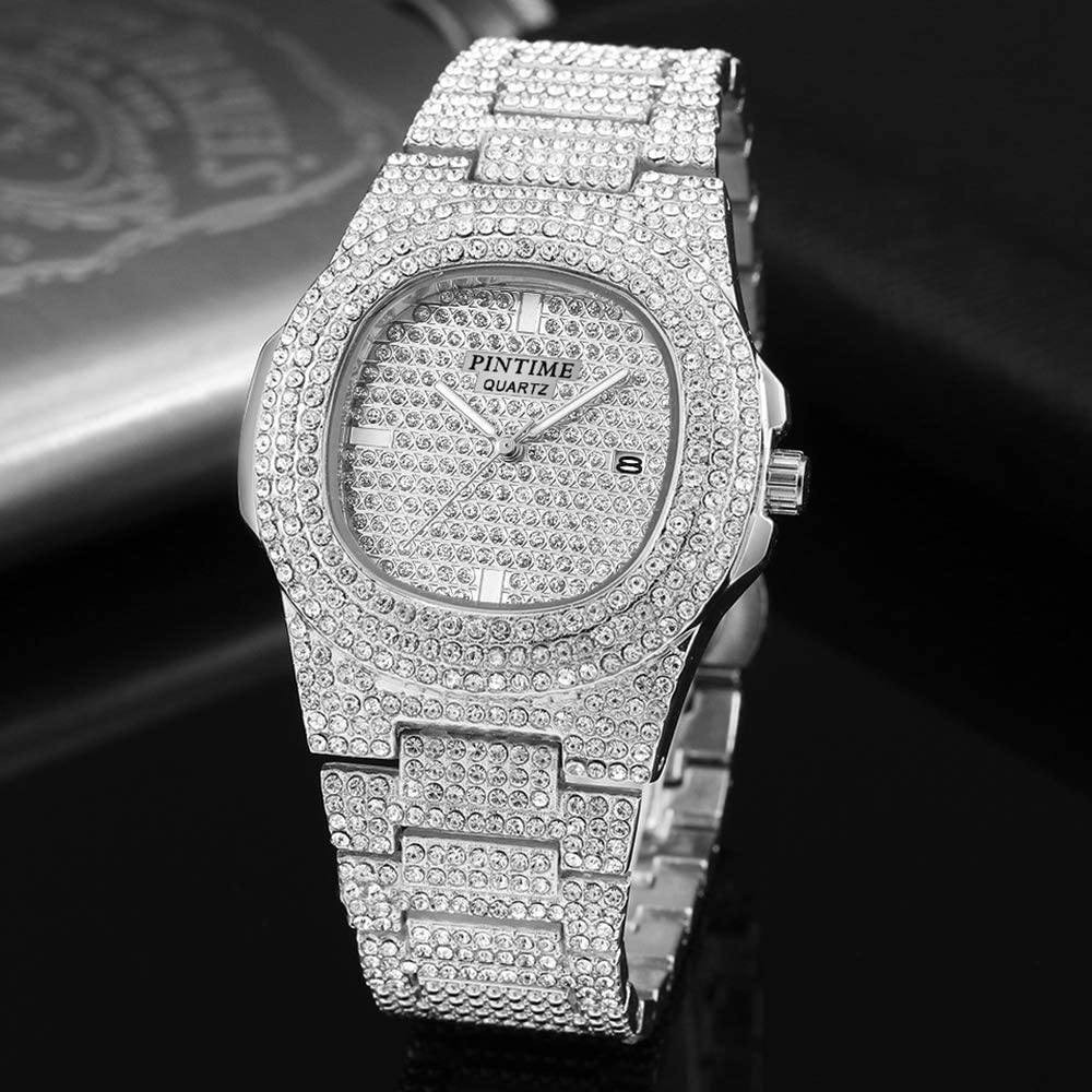 Gosasa Men&#39;s/Womens Unisex Crystal Watch Full Bling Iced-Out Cuban Watch Oblong Silver/Gold Wristwatch Hip-Hop Stainless Steel Bracelet Watch