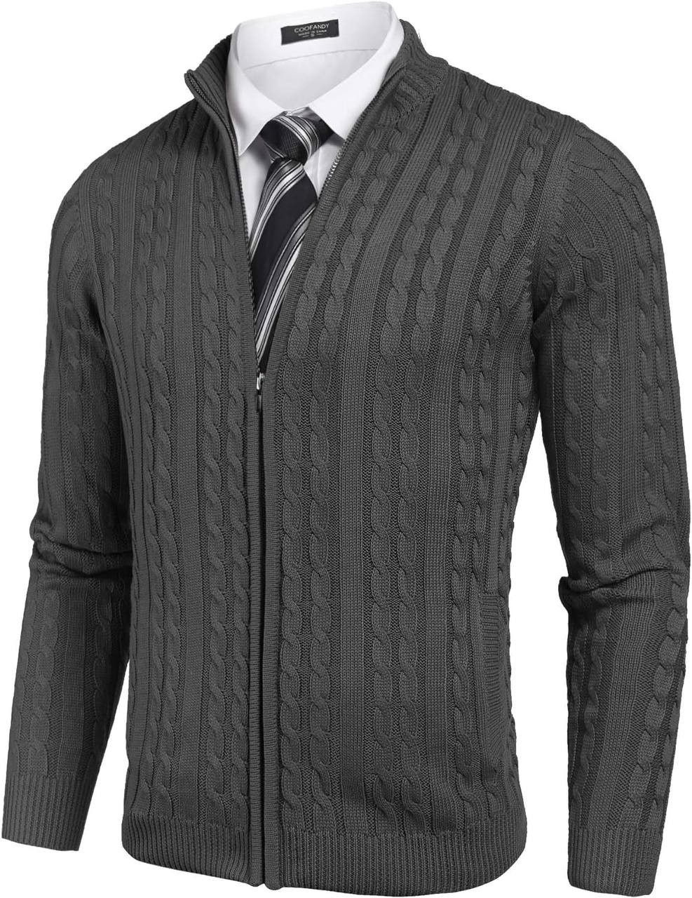 Coofandy Men's Full Zip Cardigan Sweater Slim Fit Cable Knitted Zip Up Sweater with Pockets