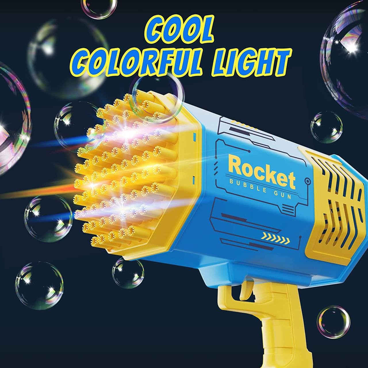 Pitpat 69 Holes Bazooka Bubble Gun - Rocket Boom Bubble Blower Extremely Large Number of Bubbles - Bubble Machine Gun with 2 Bubble Solution Refills and 20 Packs of Liquid Concentrate - Yellow & Blue